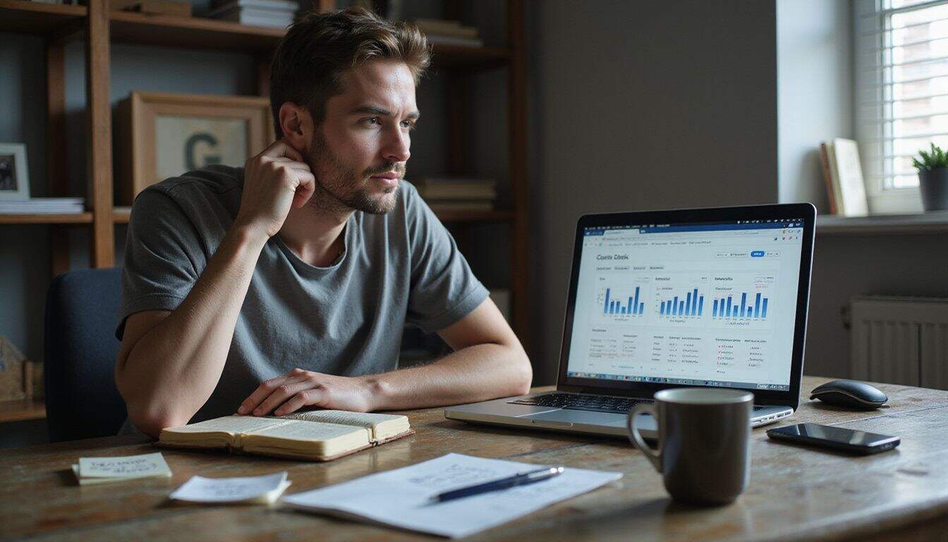 A focused adult reviews website traffic analytics at a cluttered desk filled with notes, coffee, and office supplies. A focused adult reviews website traffic analytics at a cluttered desk filled with notes, coffee, and office supplies.