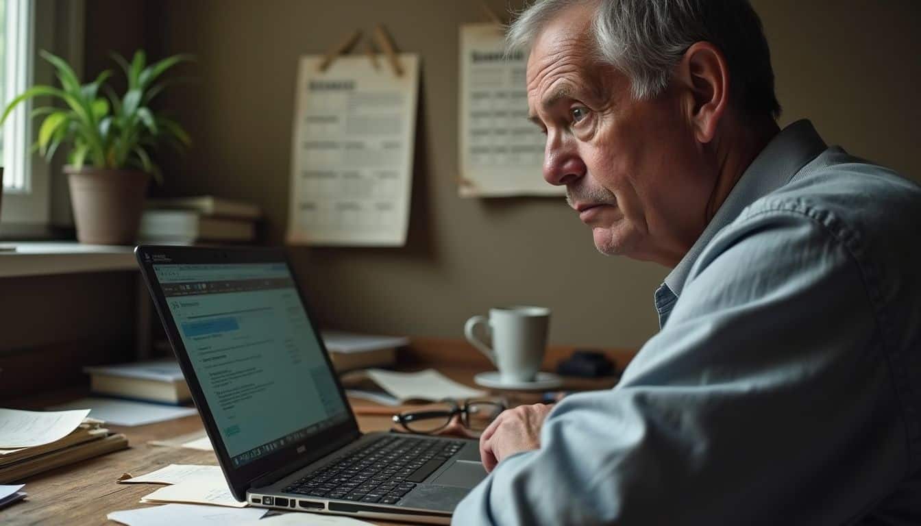 An old laptop sits on a cluttered desk, while a person contemplates its screen in a cozy workspace. An old laptop sits on a cluttered desk, while a person contemplates its screen in a cozy workspace.