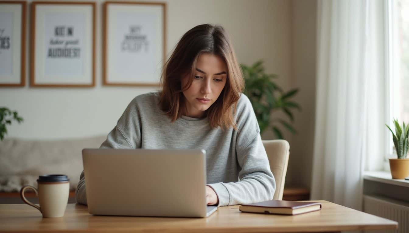 A focused woman in a cozy home office types on a laptop at an oak desk surrounded by inspirational wall art. A focused woman in a cozy home office types on a laptop at an oak desk surrounded by inspirational wall art.