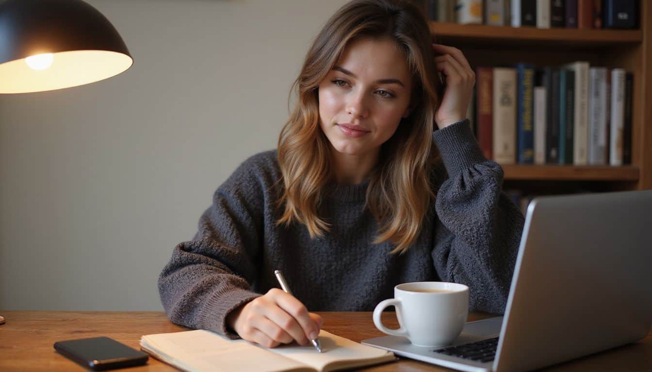 A focused woman in a cozy sweater works intently at her desk, surrounded by blogging tools and a steaming coffee mug. A focused woman in a cozy sweater works intently at her desk, surrounded by blogging tools and a steaming coffee mug.