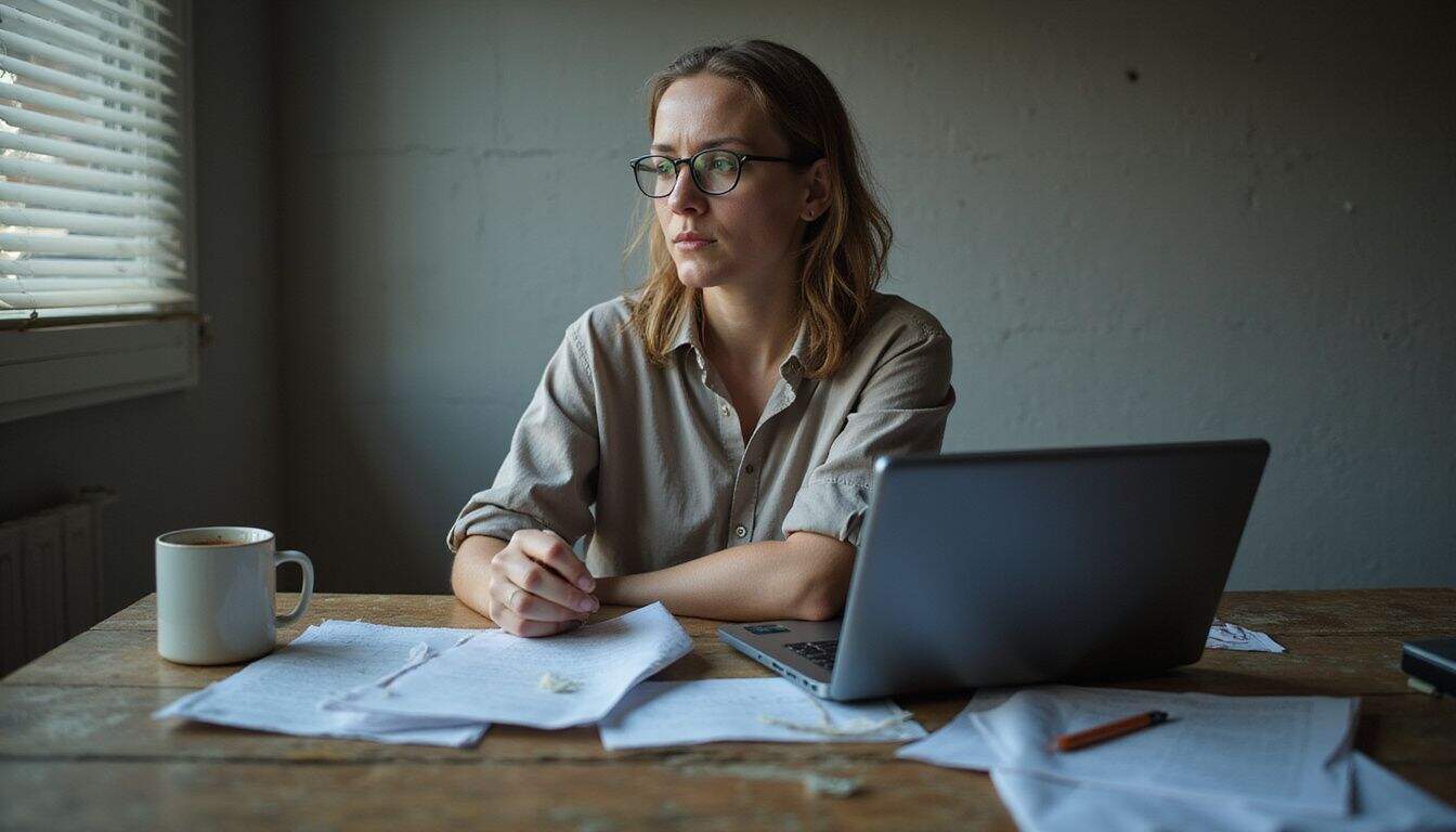 A young woman sits at a cluttered desk, embodying exhaustion and focus while working on her blog. A young woman sits at a cluttered desk, embodying exhaustion and focus while working on her blog.