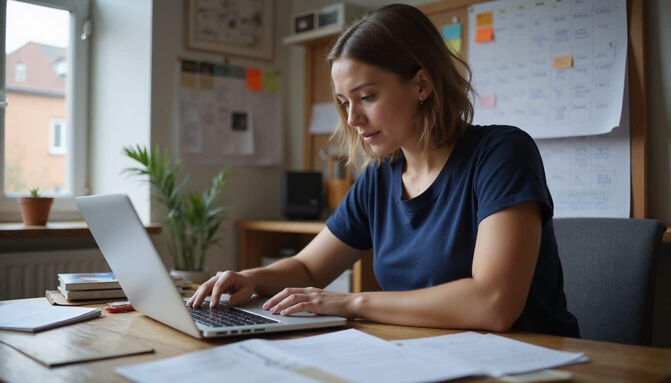 A woman in her mid-30s sits at a cluttered desk, focused on blogging income planning with notebooks and sticky notes nearby. A woman in her mid-30s sits at a cluttered desk, focused on blogging income planning with notebooks and sticky notes nearby.