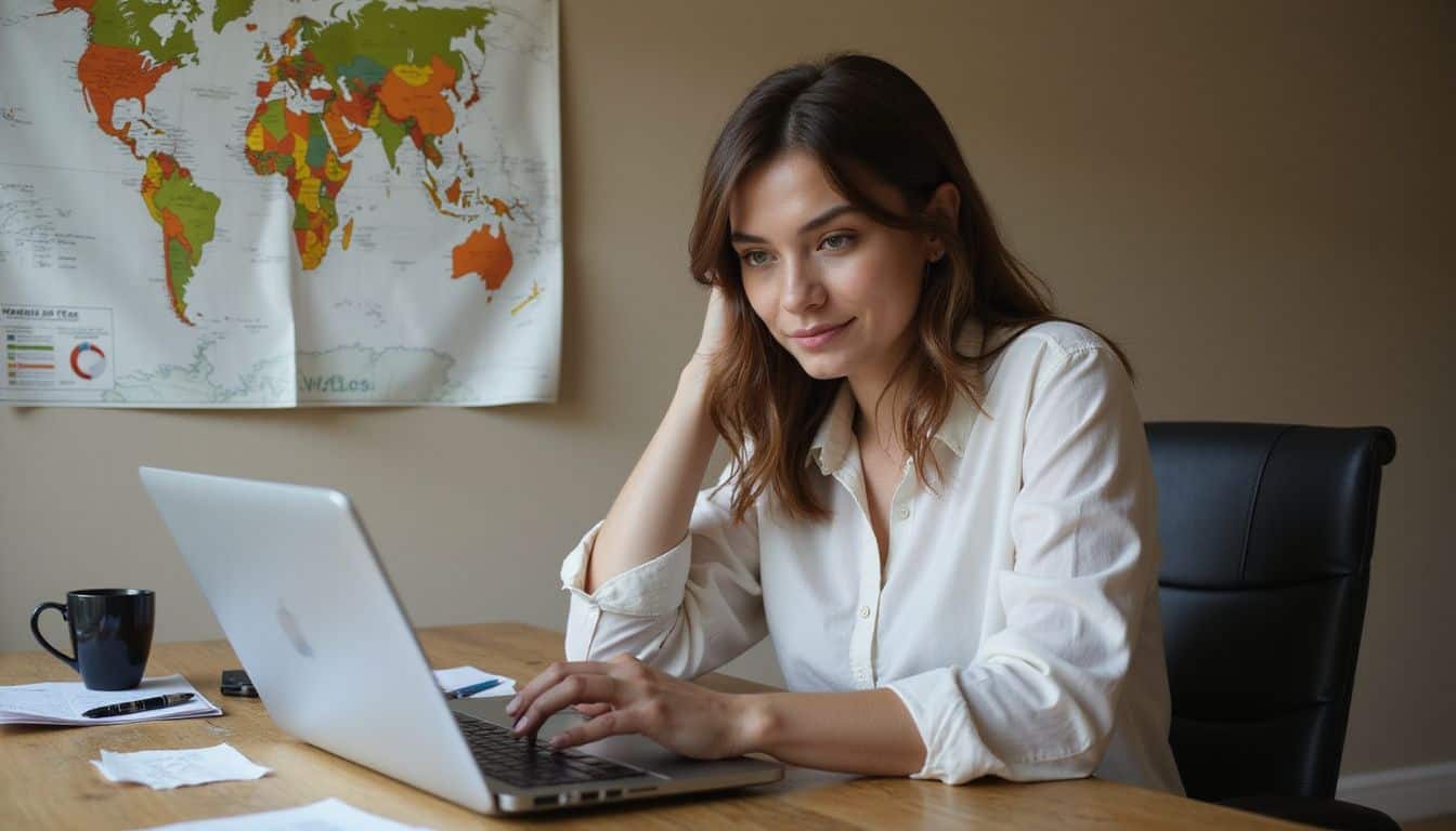 A woman in her mid-30s is focused on blog analytics at a cluttered wooden desk in her home office. A woman in her mid-30s is focused on blog analytics at a cluttered wooden desk in her home office.