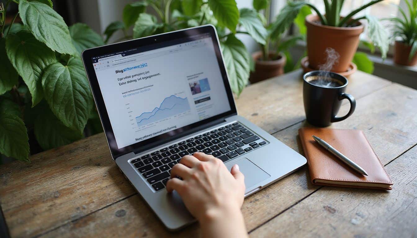 An open laptop on a weathered desk, surrounded by houseplants, coffee, and a notebook, suggests a productive workspace. An open laptop on a weathered desk, surrounded by houseplants, coffee, and a notebook, suggests a productive workspace.