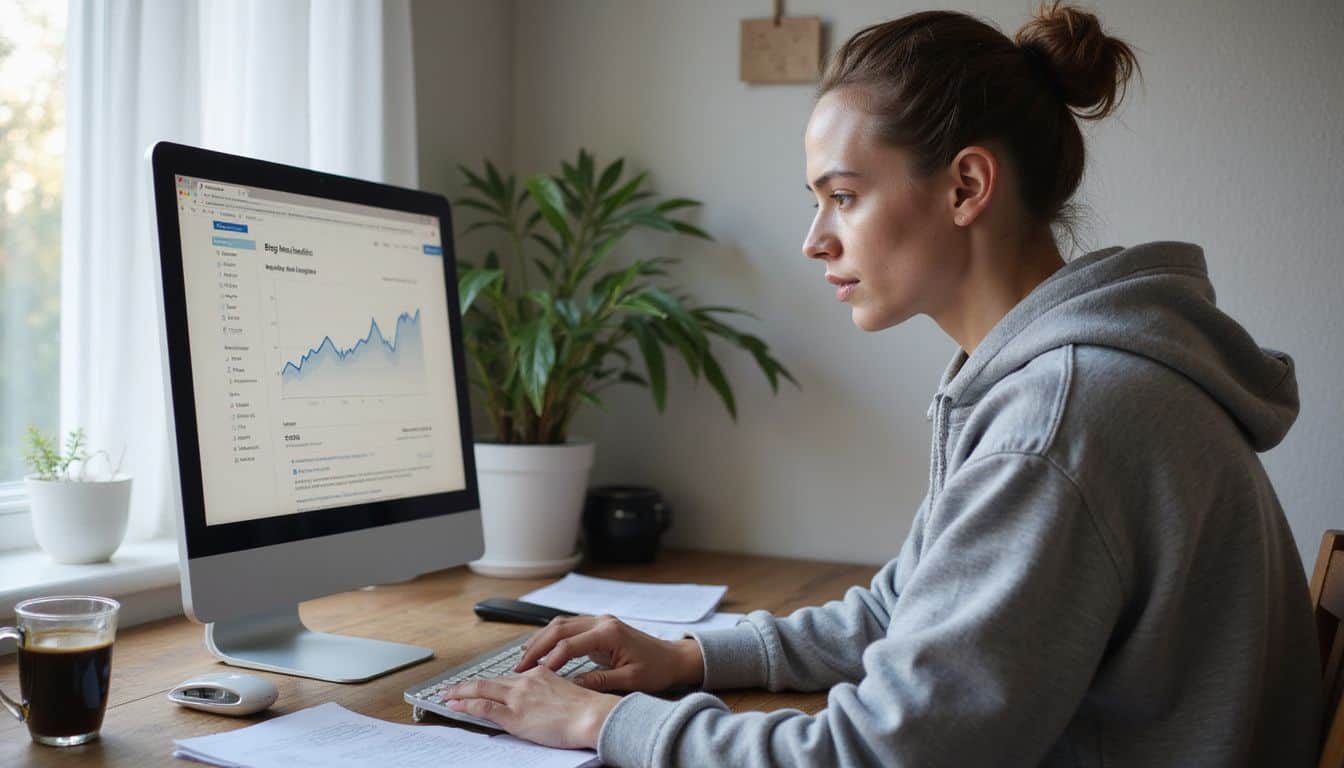 A focused individual works at a cluttered desk, analyzing blog analytics on a computer amidst handwritten notes and coffee. A focused individual works at a cluttered desk, analyzing blog analytics on a computer amidst handwritten notes and coffee.