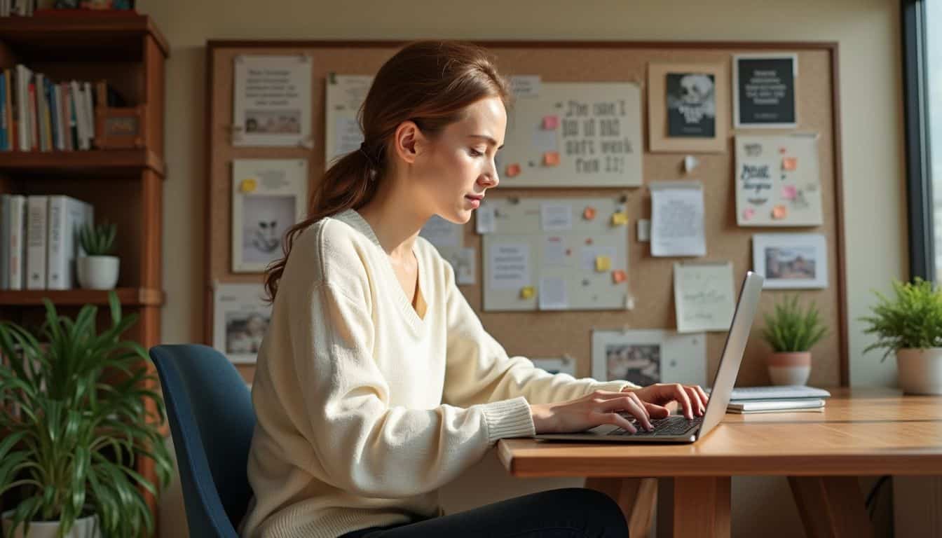 A woman in a cozy workspace, focused on her laptop amidst books and a vision board. A woman in a cozy workspace, focused on her laptop amidst books and a vision board.