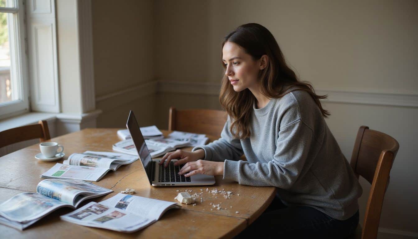 A woman in a gray sweater concentrates on her laptop amid an eclectic mix of magazines at a cluttered desk. A woman in a gray sweater concentrates on her laptop amid an eclectic mix of magazines at a cluttered desk.