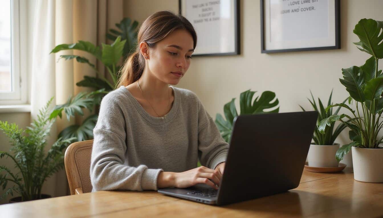 A woman in a cozy home office works intently at her laptop surrounded by lush green plants and motivational artwork. A woman in a cozy home office works intently at her laptop surrounded by lush green plants and motivational artwork.