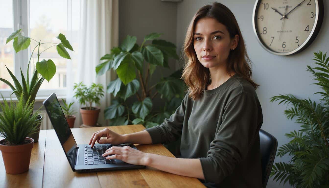A woman in her mid-20s sits at a wooden desk, focused on her laptop amidst vibrant indoor plants. A woman in her mid-20s sits at a wooden desk, focused on her laptop amidst vibrant indoor plants.