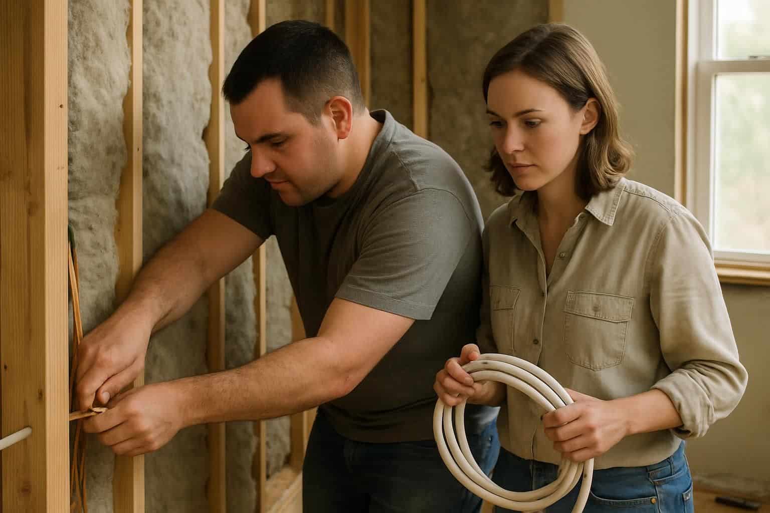 A man and woman collaborate on home renovations, focusing on electrical wiring and plumbing in an unfinished room. A man and woman collaborate on home renovations, focusing on electrical wiring and plumbing in an unfinished room.