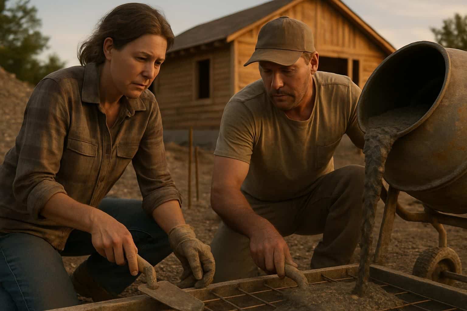 A man and woman collaboratively pour a concrete foundation for a modest wooden-frame house, demonstrating teamwork and focus. A man and woman collaboratively pour a concrete foundation for a modest wooden-frame house, demonstrating teamwork and focus.