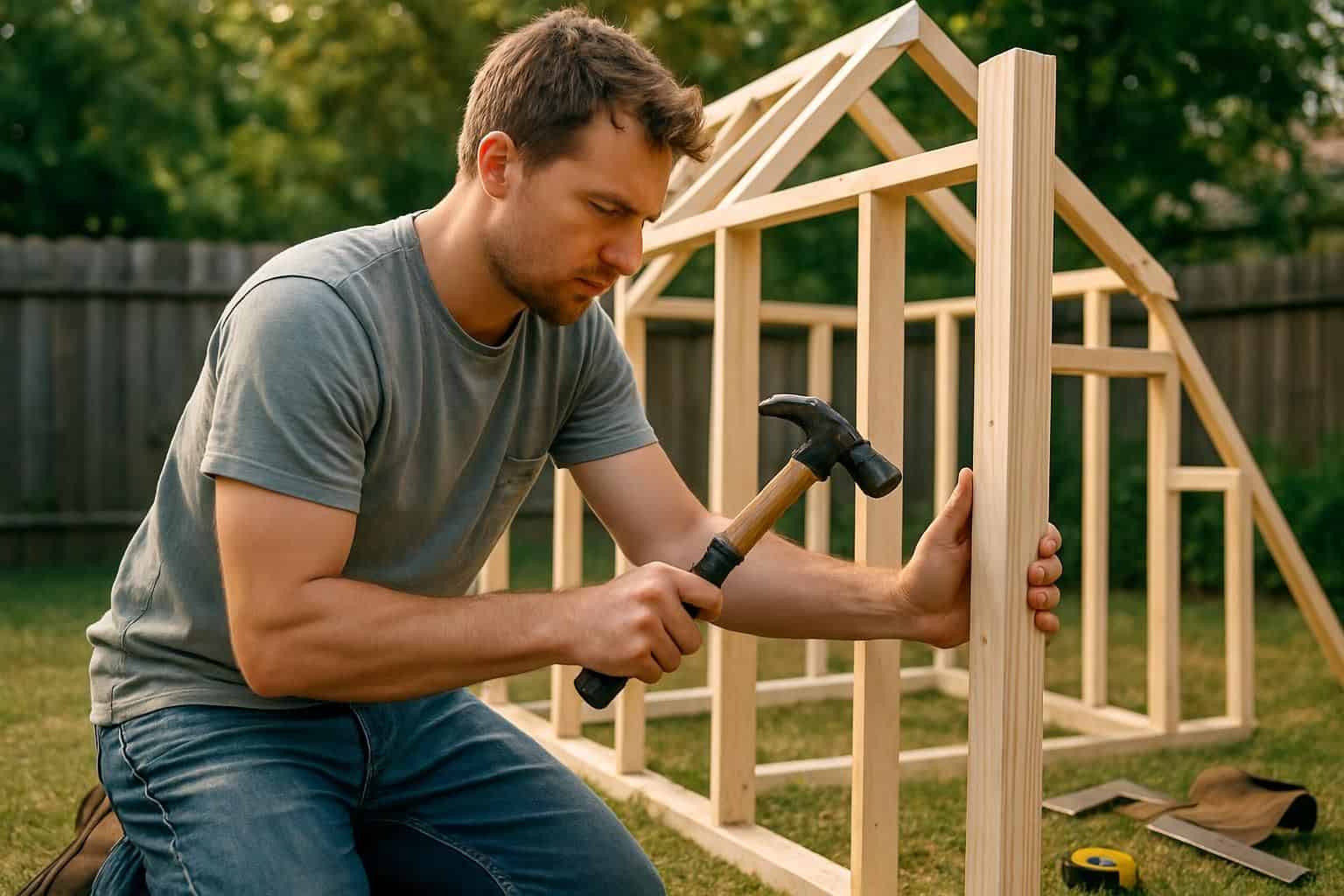 A focused man assembles a wooden frame for a small house in a suburban backyard, surrounded by tools and trusses. A focused man assembles a wooden frame for a small house in a suburban backyard, surrounded by tools and trusses.