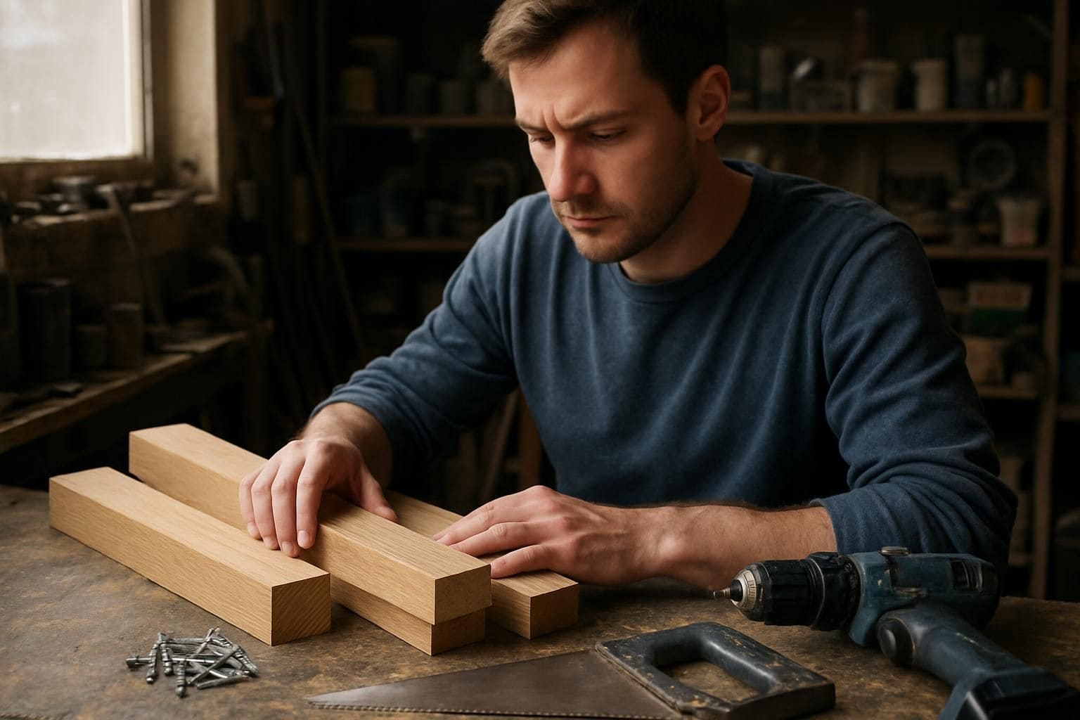 A focused man arranges freshly cut oak lumber at a cluttered workshop workbench surrounded by various tools. A focused man arranges freshly cut oak lumber at a cluttered workshop workbench surrounded by various tools.