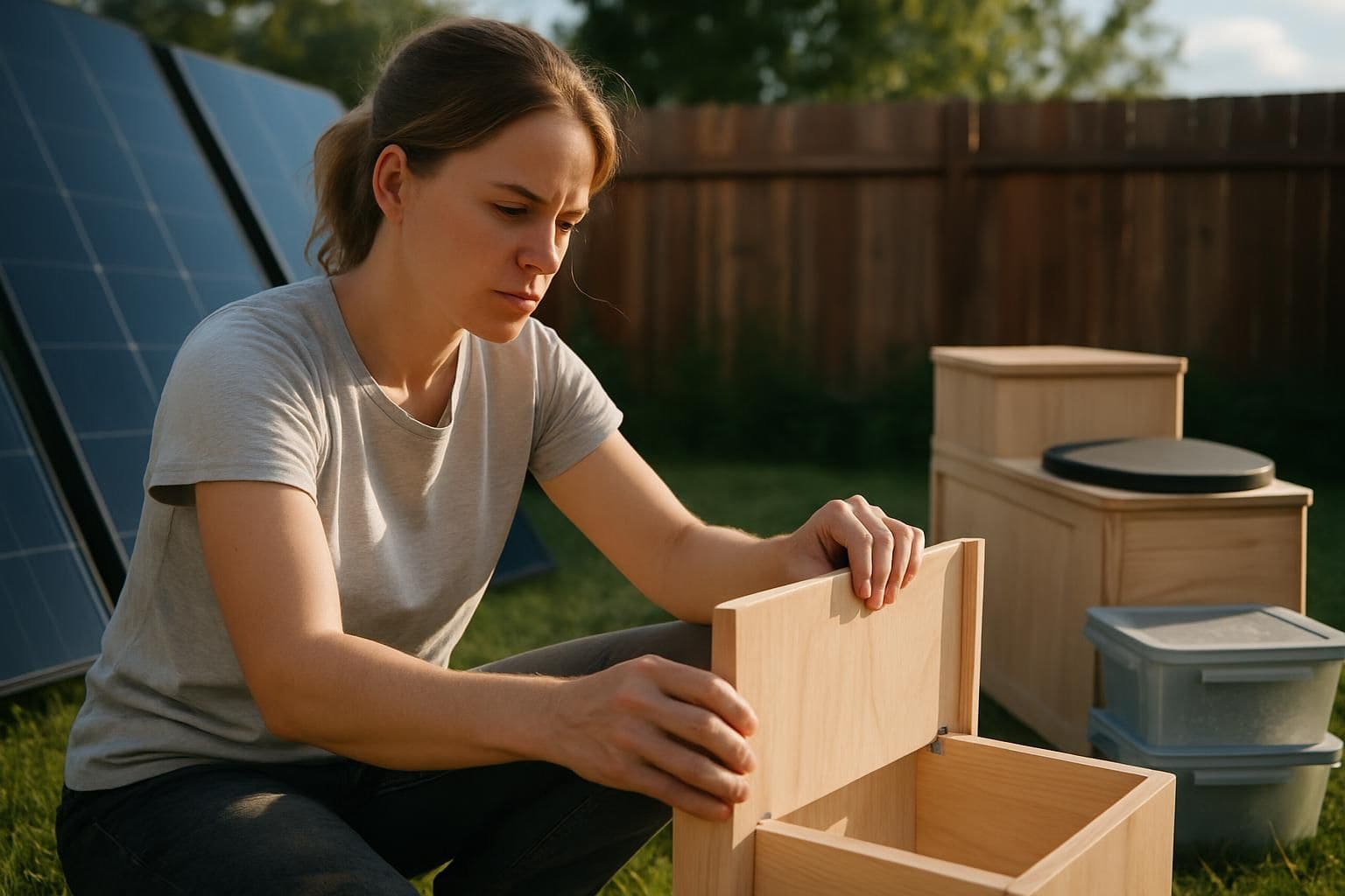 A woman assembles a DIY home kit in her backyard, surrounded by solar panels and a composting toilet. A woman assembles a DIY home kit in her backyard, surrounded by solar panels and a composting toilet.