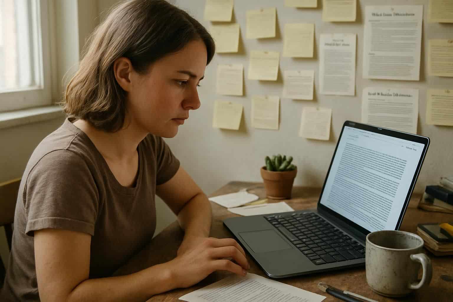 A woman in a casual outfit concentrates on her laptop amidst a cluttered home office filled with research materials. A woman in a casual outfit concentrates on her laptop amidst a cluttered home office filled with research materials.