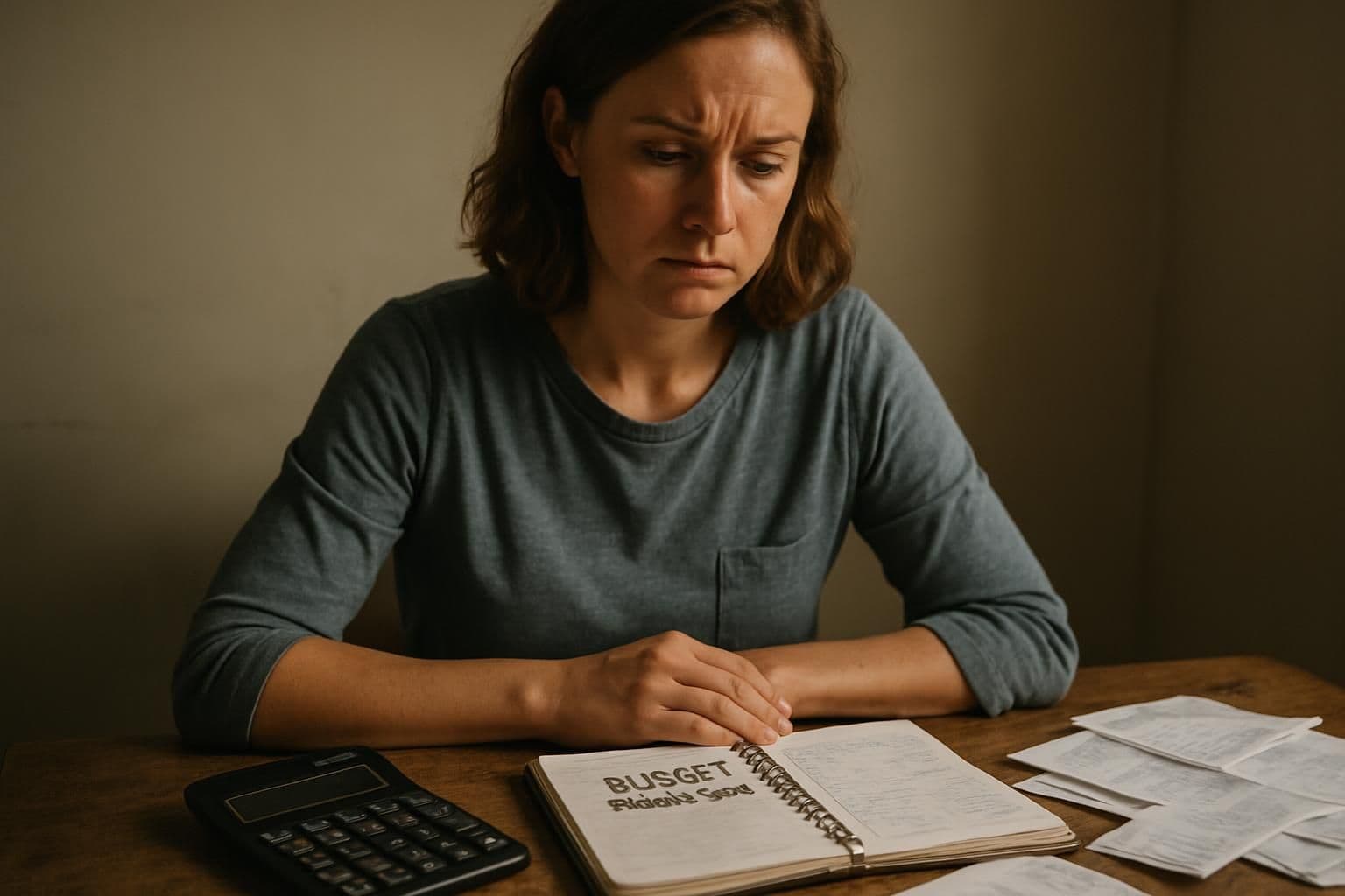 A concerned woman meticulously reviews her home renovation budget at a worn wooden desk filled with paperwork and a calculator. A concerned woman meticulously reviews her home renovation budget at a worn wooden desk filled with paperwork and a calculator.