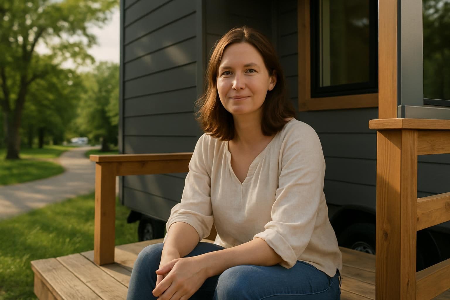 A woman sits comfortably on the porch of a modern tiny home, exuding contentment in a tranquil RV park. A woman sits comfortably on the porch of a modern tiny home, exuding contentment in a tranquil RV park.