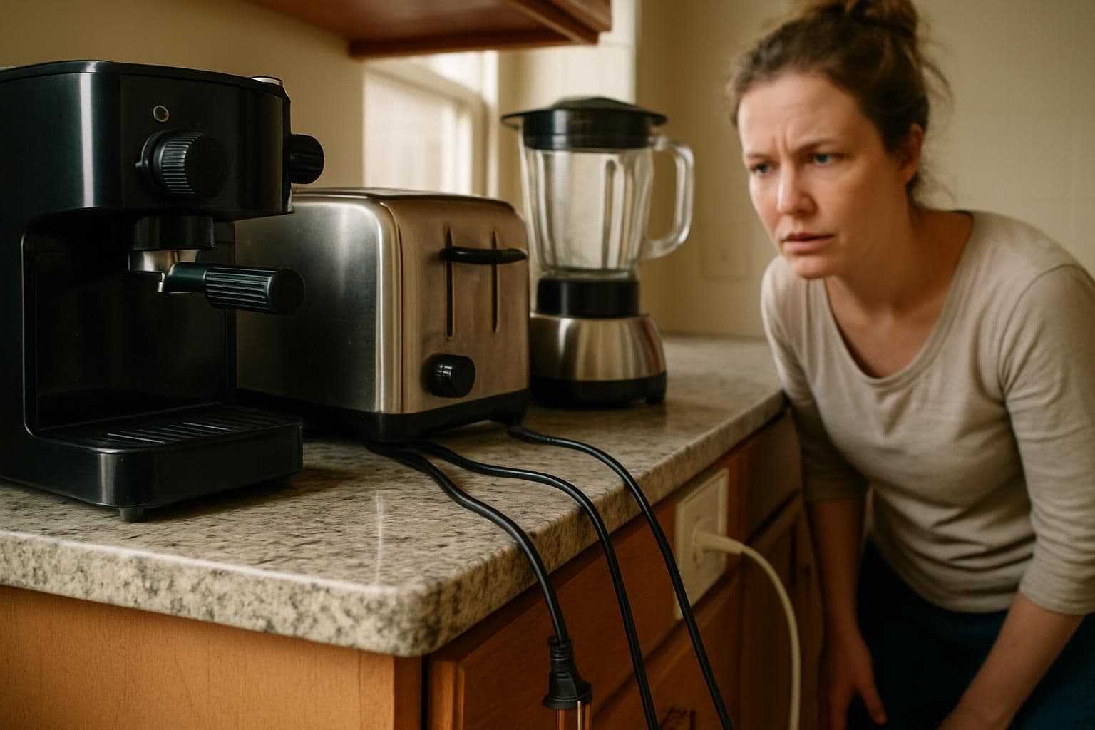 A cluttered kitchen countertop with appliances and exposed cords, highlighting the need for childproofing.