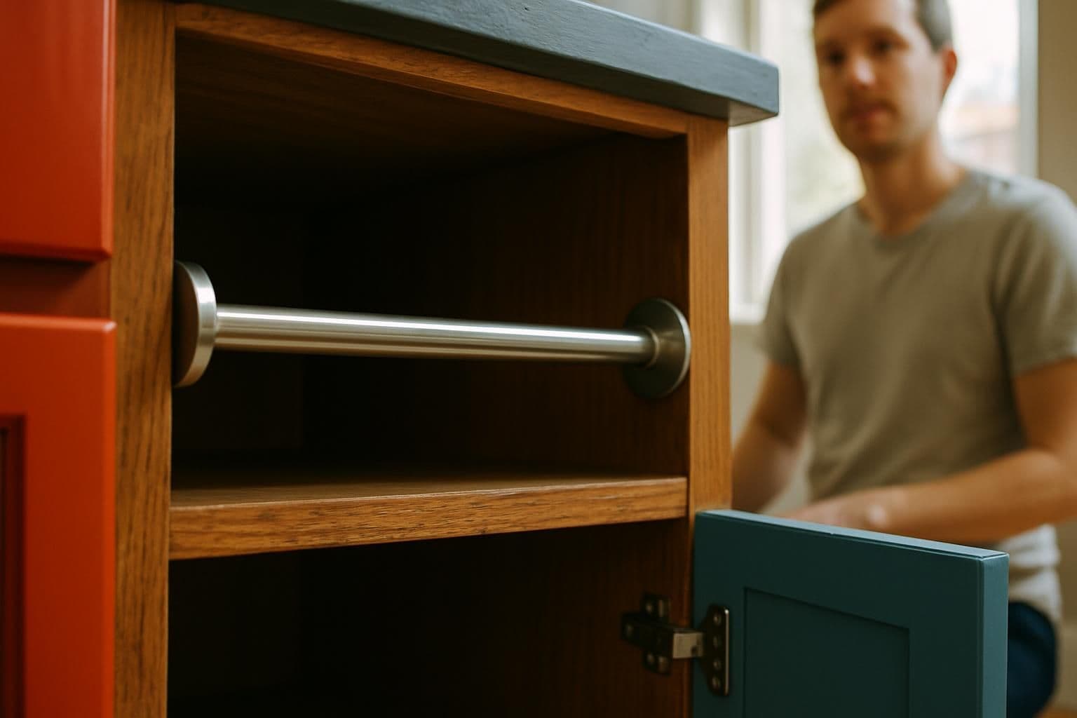 A tension rod is installed in a kitchen cabinet, with surrounding cabinets and a parent in the background.