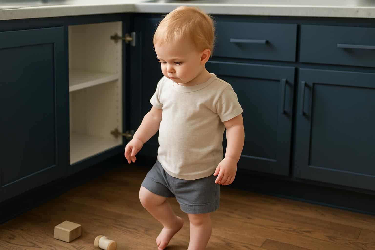 A young toddler explores the kitchen, captivated by their surroundings and discovering household objects.