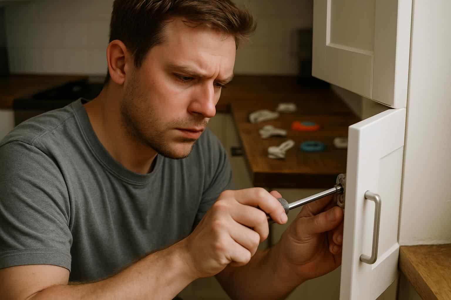 A man in his 30s is fixing a kitchen cabinet with a screwdriver.