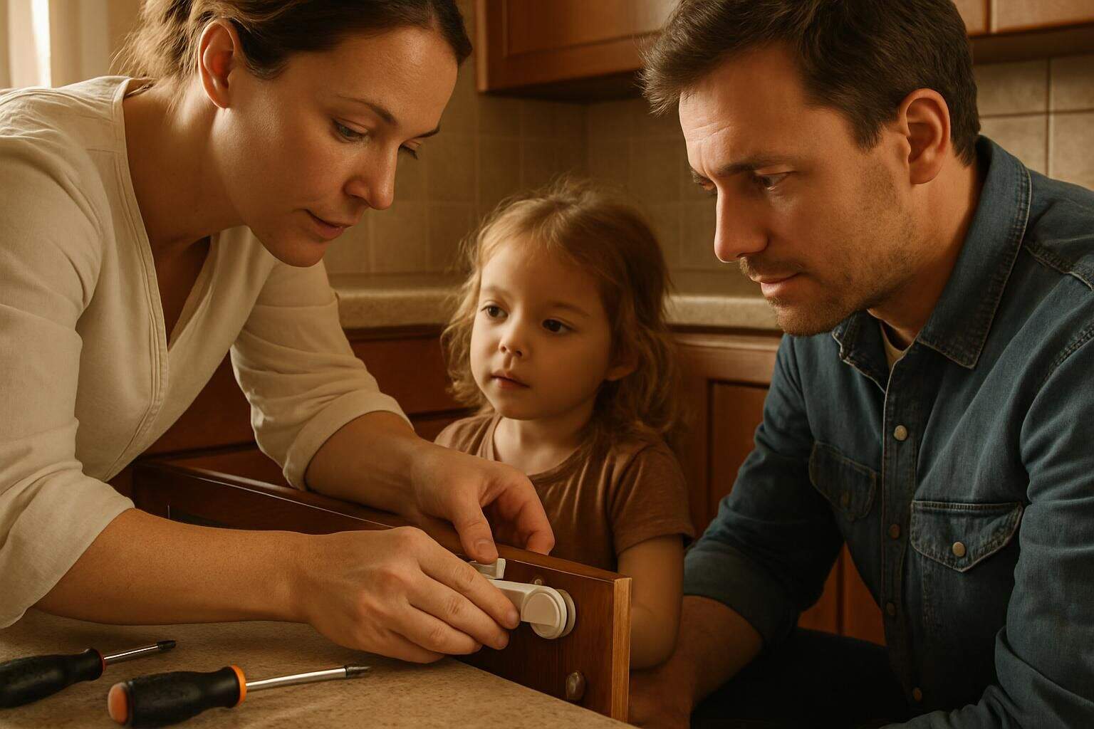 A family installs childproof locks in their kitchen cabinets, working together with focus and care.