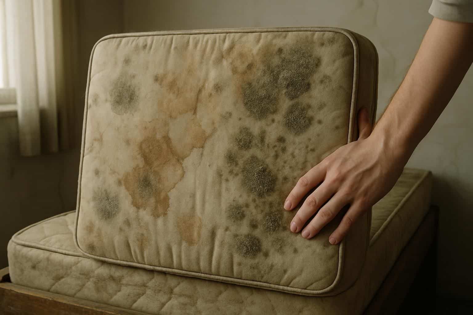 A damp, worn mattress shows visible decay and neglect, with mold and water stains, reflecting a sense of abandonment. A damp, worn mattress shows visible decay and neglect, with mold and water stains, reflecting a sense of abandonment.