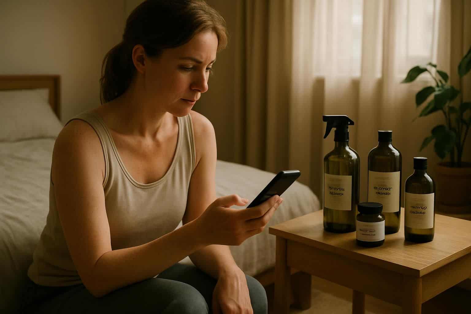 A woman thoughtfully checks a device while surrounded by eco-friendly cleaning products in a serene, modern bedroom. A woman thoughtfully checks a device while surrounded by eco-friendly cleaning products in a serene, modern bedroom.