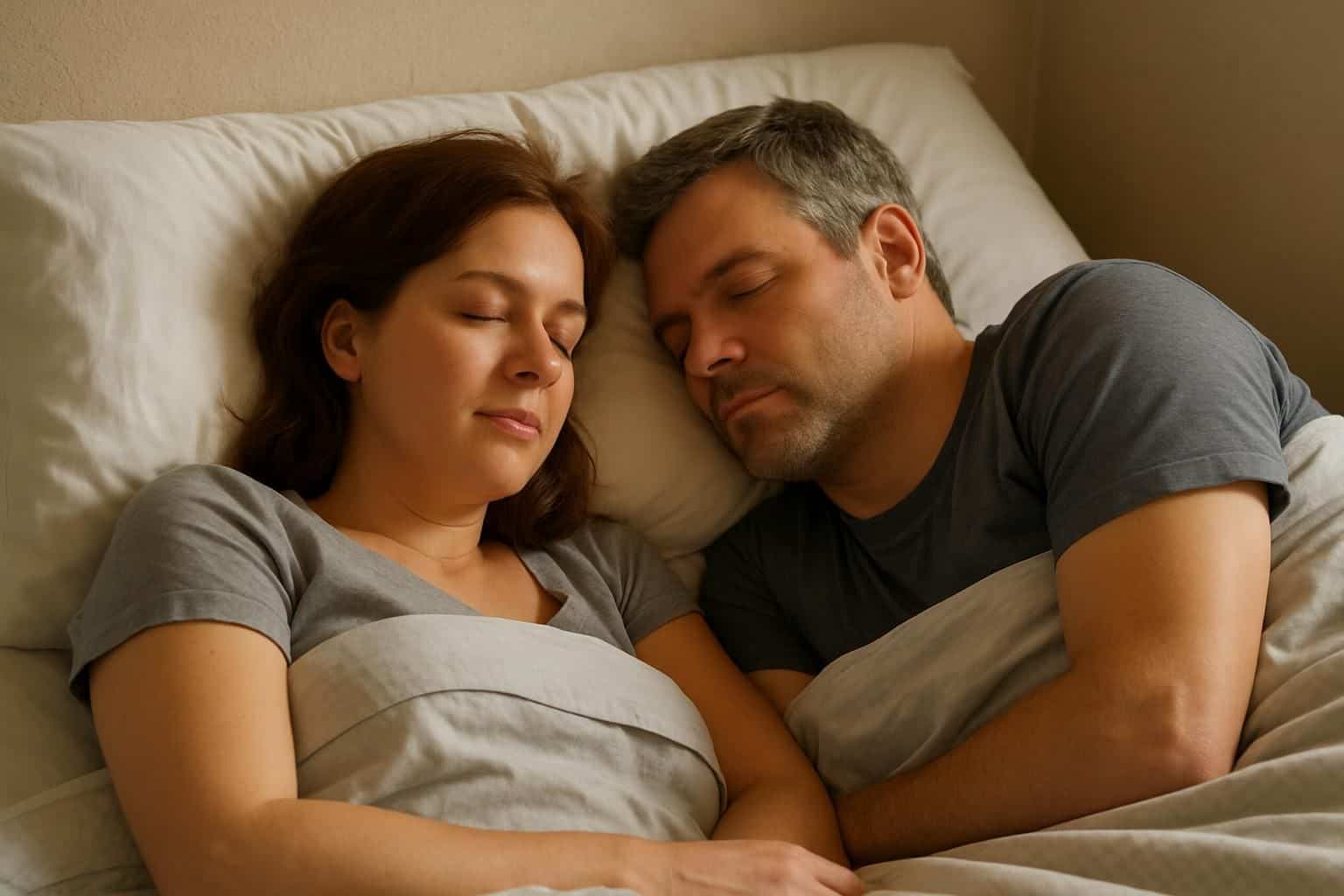 A man and woman peacefully sleep side by side on a queen-sized bed, surrounded by a tranquil bedroom atmosphere. A man and woman peacefully sleep side by side on a queen-sized bed, surrounded by a tranquil bedroom atmosphere.