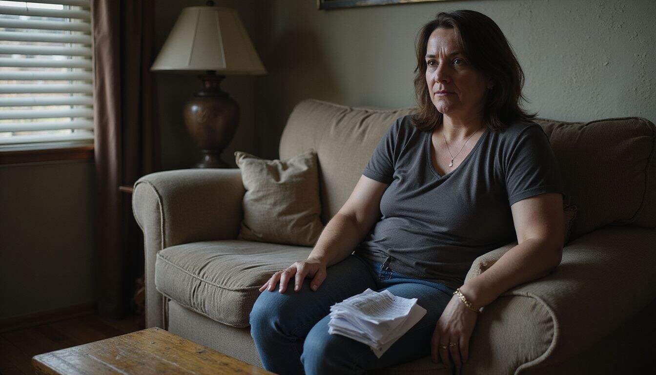 A woman sits on a worn sofa, reflecting on medical bills with a contemplative expression amid her modest living room. A woman sits on a worn sofa, reflecting on medical bills with a contemplative expression amid her modest living room.