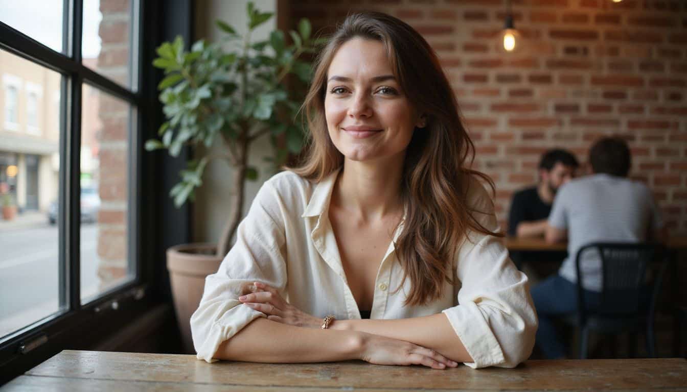 A smiling woman in a cream blouse sits at a wooden table in a cozy cafe, engaging warmly with her surroundings. A smiling woman in a cream blouse sits at a wooden table in a cozy cafe, engaging warmly with her surroundings.