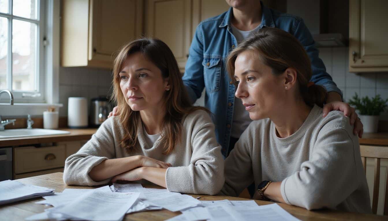 A middle-aged woman sits at a cluttered kitchen table, exuding worry while a supportive friend offers comfort. A middle-aged woman sits at a cluttered kitchen table, exuding worry while a supportive friend offers comfort.