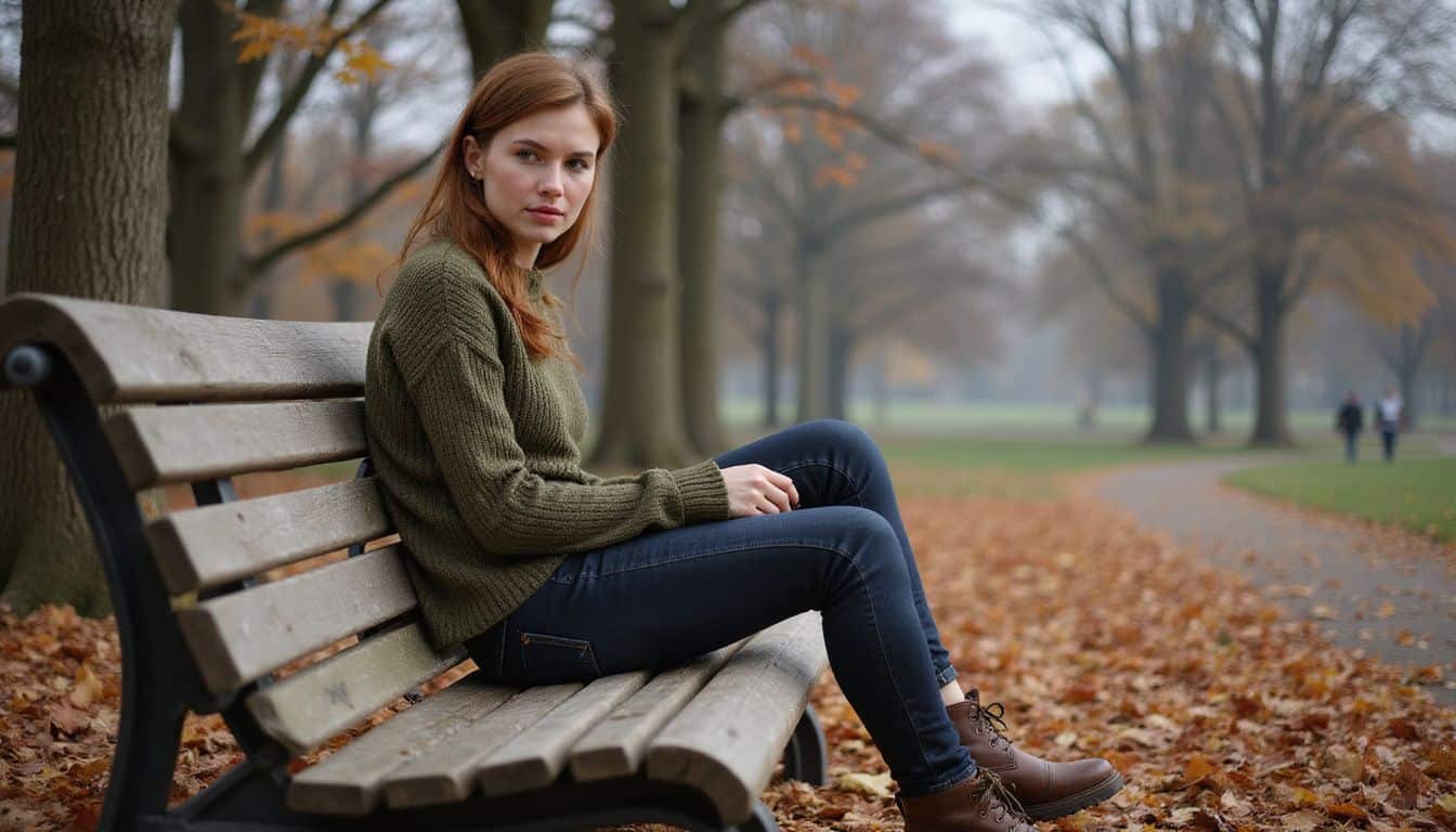 A contemplative woman in a cozy sweater sits on a park bench surrounded by autumn leaves and bare trees. A contemplative woman in a cozy sweater sits on a park bench surrounded by autumn leaves and bare trees.