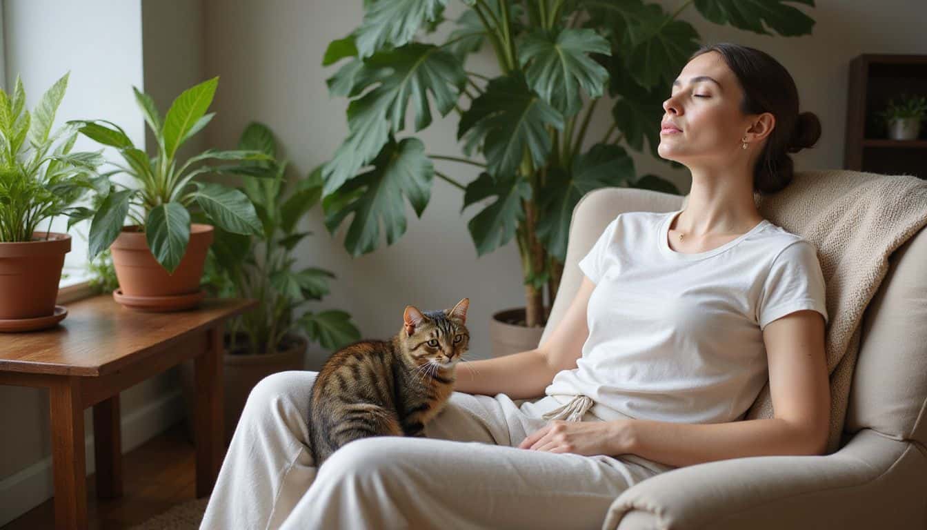 A woman practices progressive muscle relaxation in a cozy living room, accompanied by a calm tabby cat. A woman practices progressive muscle relaxation in a cozy living room, accompanied by a calm tabby cat.
