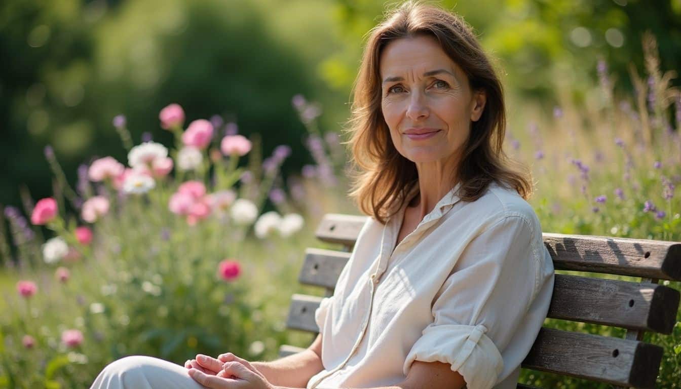A middle-aged woman sits peacefully on a wooden bench in a vibrant garden, embodying quiet contemplation and resilience. A middle-aged woman sits peacefully on a wooden bench in a vibrant garden, embodying quiet contemplation and resilience.
