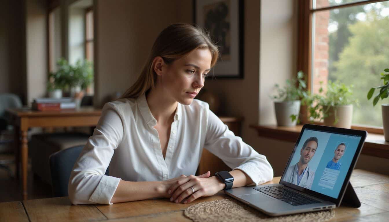 A woman in her mid-40s engages with health metrics on a digital screen in a warm and inviting home office. A woman in her mid-40s engages with health metrics on a digital screen in a warm and inviting home office.