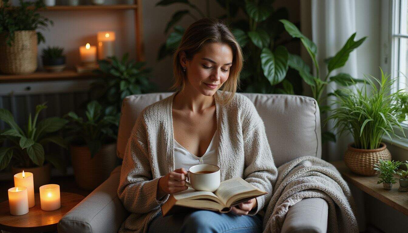 A woman enjoys herbal tea while reading a book, surrounded by houseplants and cozy blankets in a warm living room. A woman enjoys herbal tea while reading a book, surrounded by houseplants and cozy blankets in a warm living room.