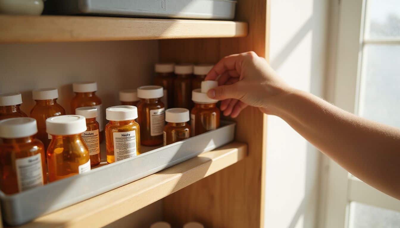 A neatly arranged medication cabinet displays amber pill bottles, a weekly organizer, and wooden shelves in a bathroom setting. A neatly arranged medication cabinet displays amber pill bottles, a weekly organizer, and wooden shelves in a bathroom setting.