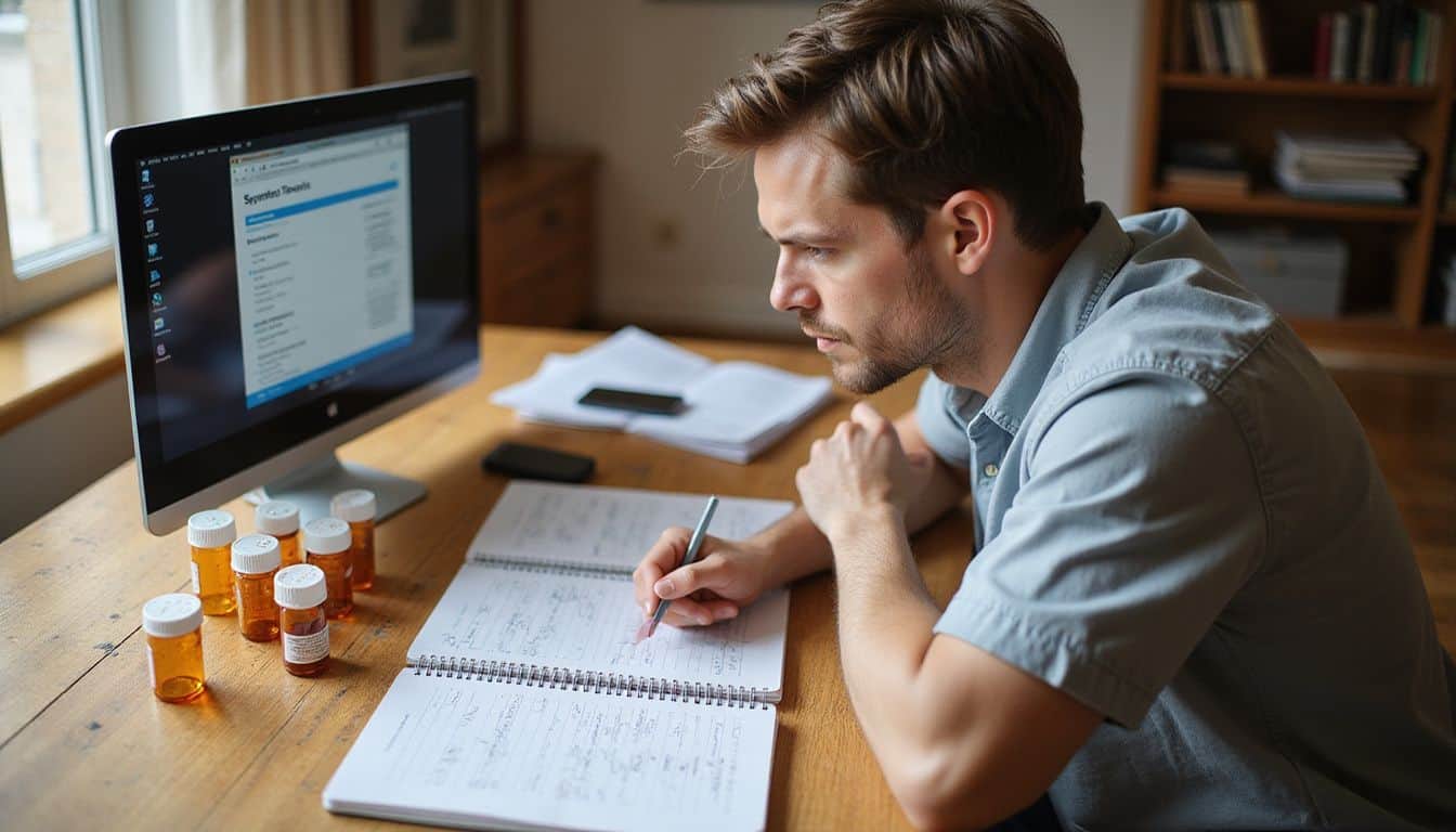 A person in a home office thoughtfully engages in a telehealth appointment, surrounded by medical supplies and paperwork. A person in a home office thoughtfully engages in a telehealth appointment, surrounded by medical supplies and paperwork.