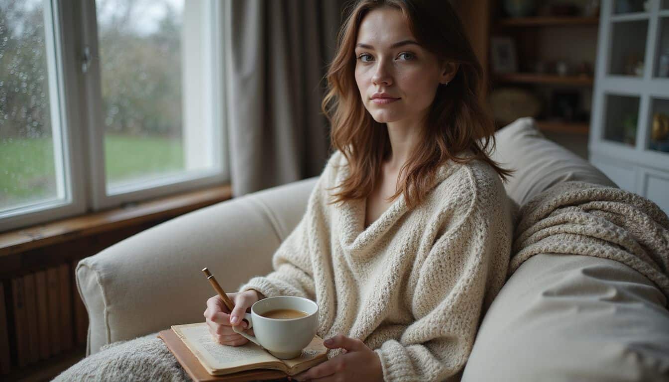 A woman sits comfortably on a sofa, wrapped in a blanket, enjoying tea while writing in her journal. A woman sits comfortably on a sofa, wrapped in a blanket, enjoying tea while writing in her journal.