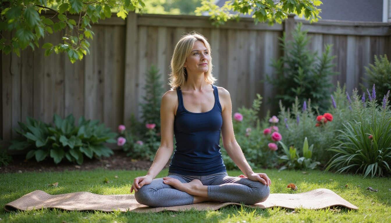 A woman practices yoga in a tranquil garden, surrounded by lush greenery and vibrant flowers. A woman practices yoga in a tranquil garden, surrounded by lush greenery and vibrant flowers.