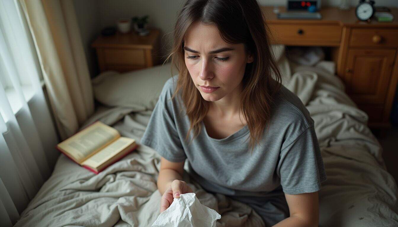 A woman sits on an unmade bed, visibly emotional, holding a crumpled tissue amidst a cluttered room. A woman sits on an unmade bed, visibly emotional, holding a crumpled tissue amidst a cluttered room.