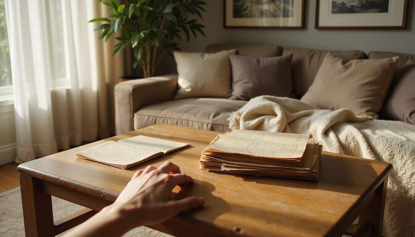 A cozy living room features an oak coffee table with aged letters, surrounded by plush pillows and a soft blanket. A cozy living room features an oak coffee table with aged letters, surrounded by plush pillows and a soft blanket.
