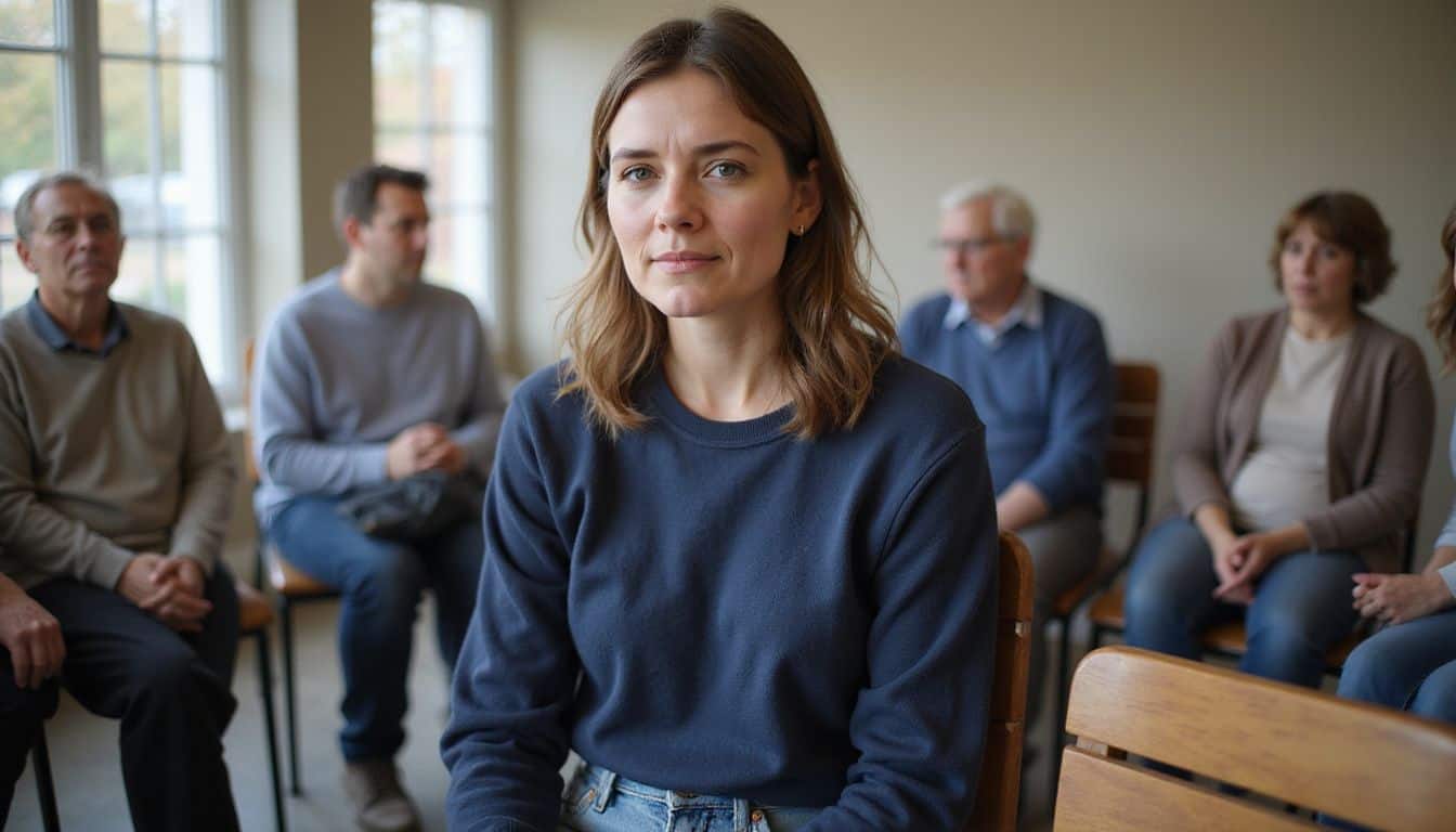 A woman in a navy sweater participates attentively in a supportive group discussion about chronic illness. A woman in a navy sweater participates attentively in a supportive group discussion about chronic illness.