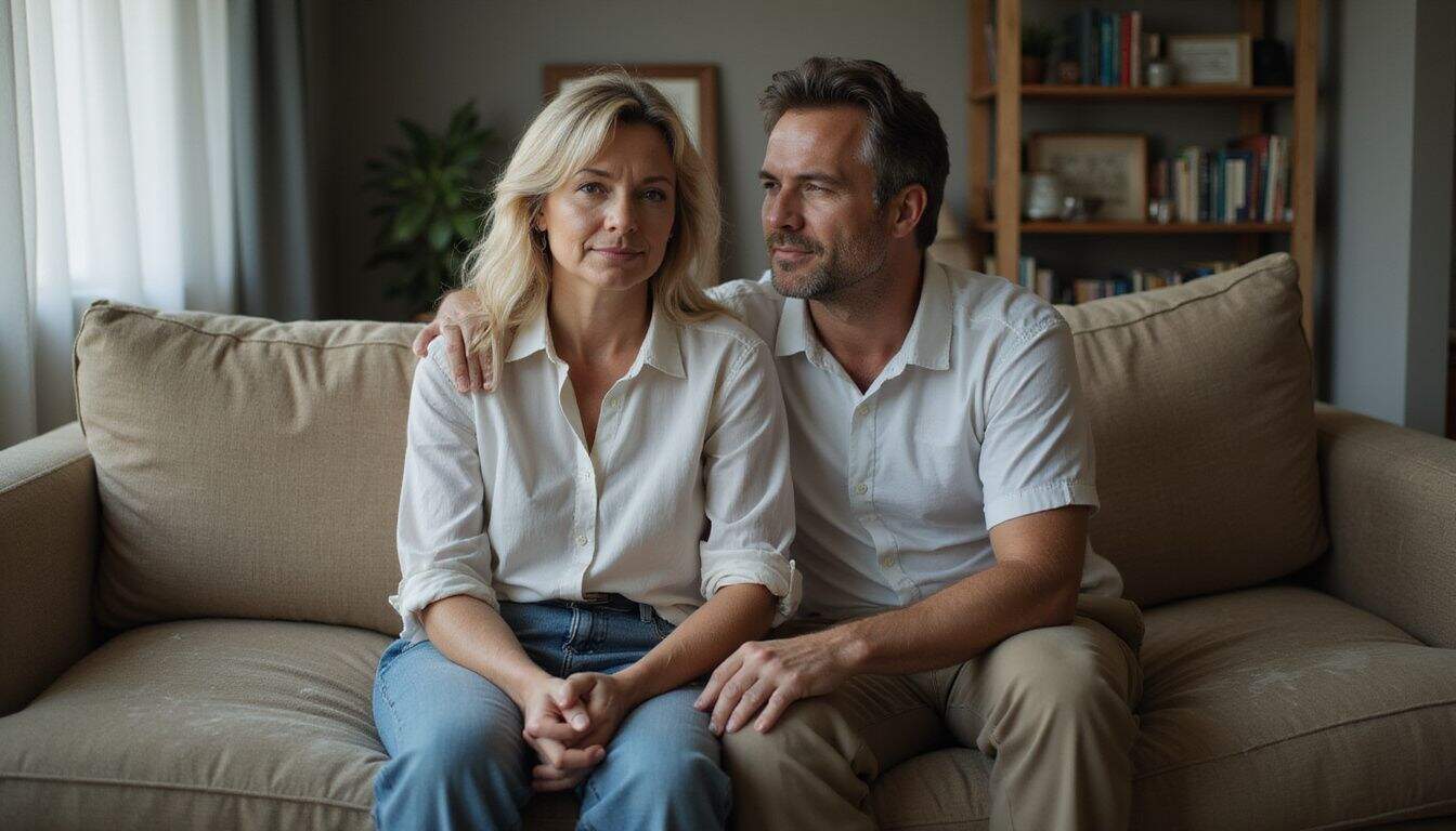 A man and woman sit closely on a worn couch, sharing a moment of quiet support amidst an unspoken challenge. A man and woman sit closely on a worn couch, sharing a moment of quiet support amidst an unspoken challenge.
