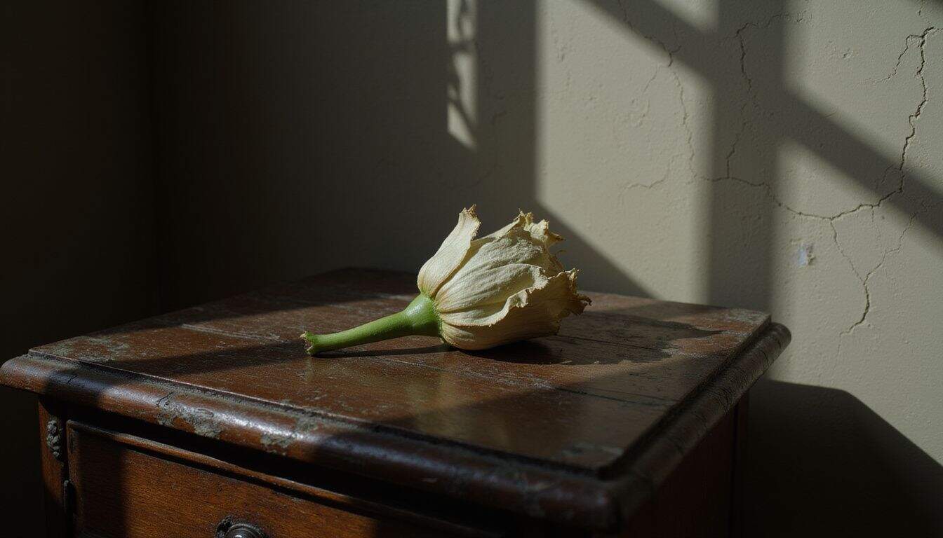 A wilted flower rests on a weathered nightstand, highlighting themes of decay and solitude in a quiet setting. A wilted flower rests on a weathered nightstand, highlighting themes of decay and solitude in a quiet setting.