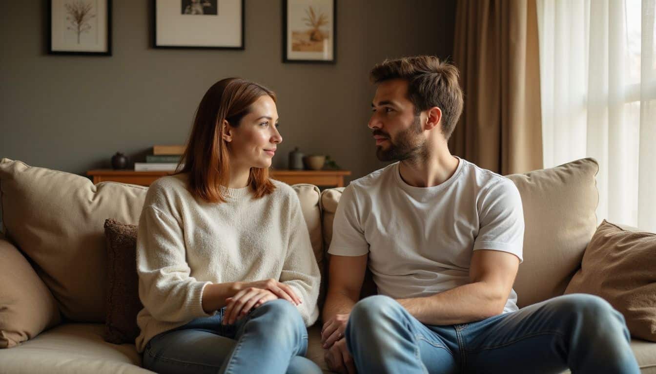 A couple in their mid-30s sits closely on a plush couch, conveying openness and connection. A couple in their mid-30s sits closely on a plush couch, conveying openness and connection.