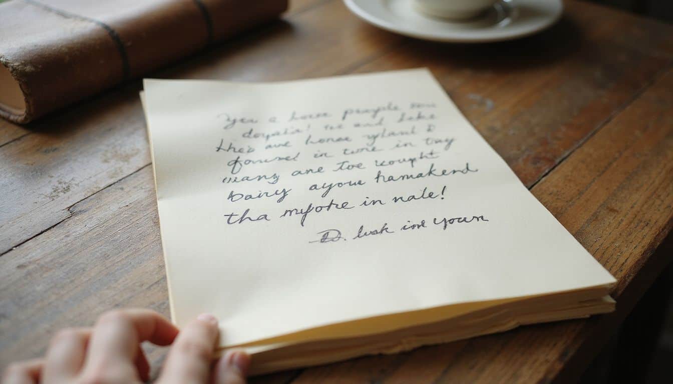 A carefully written note on cream-colored paper rests on a worn wooden desk, surrounded by a journal and a coffee cup. A carefully written note on cream-colored paper rests on a worn wooden desk, surrounded by a journal and a coffee cup.