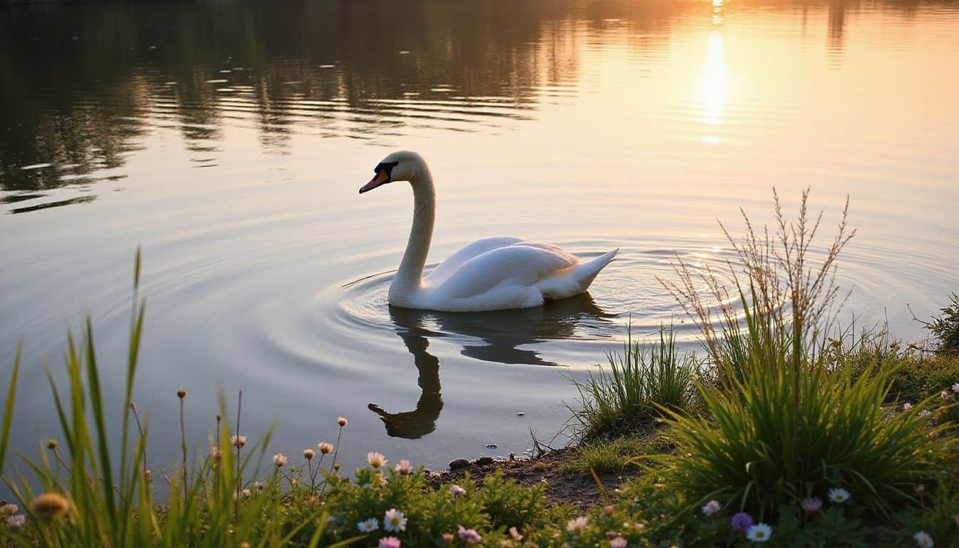 A serene lake at sunset, with a graceful swan gliding on the reflective water.