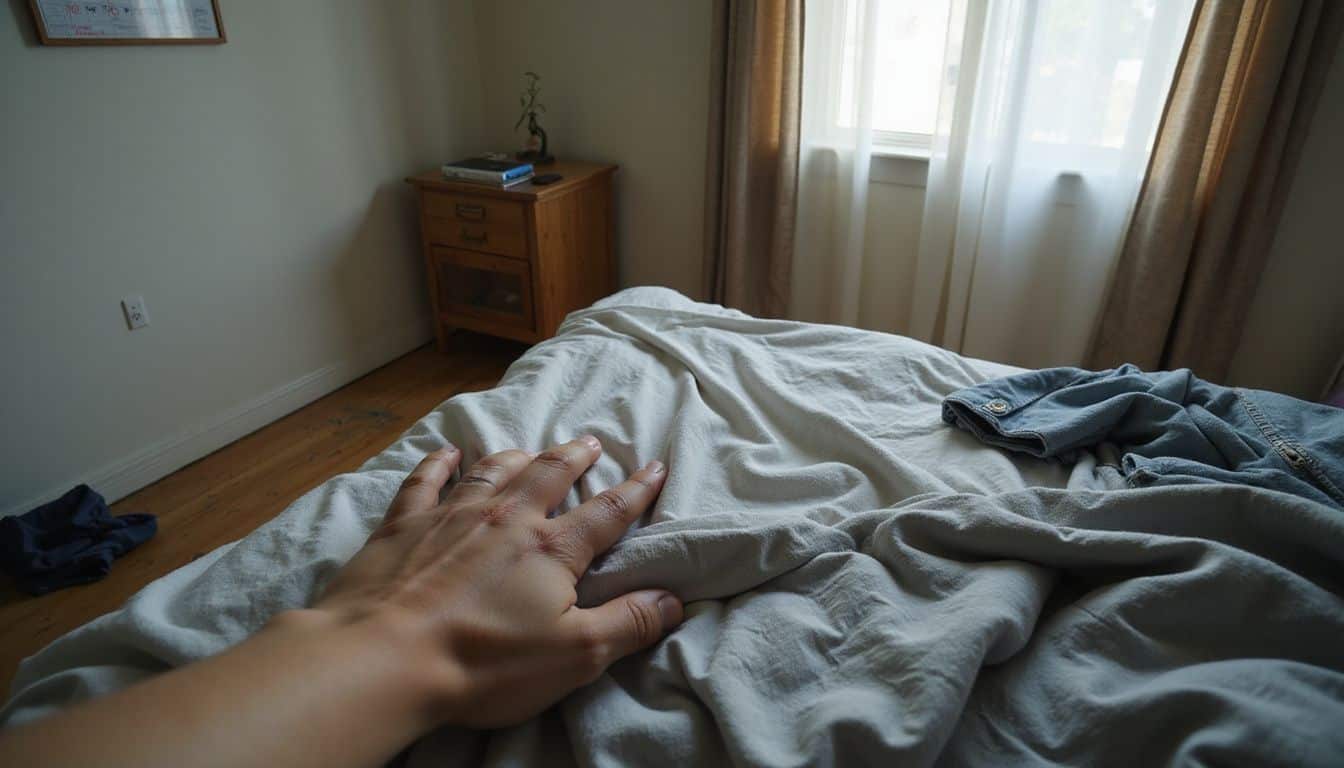 A messy, sunlit bedroom captures a moment of intimacy and calm weariness. A messy, sunlit bedroom captures a moment of intimacy and calm weariness.
